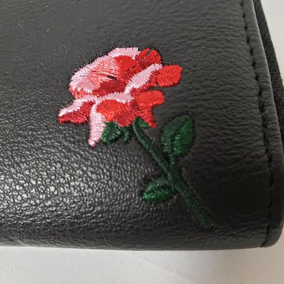 Rampage Black Pebbled Faux Leather Zip Around Wallet w/Embroidered Red Flowers - Picture 5 of 10